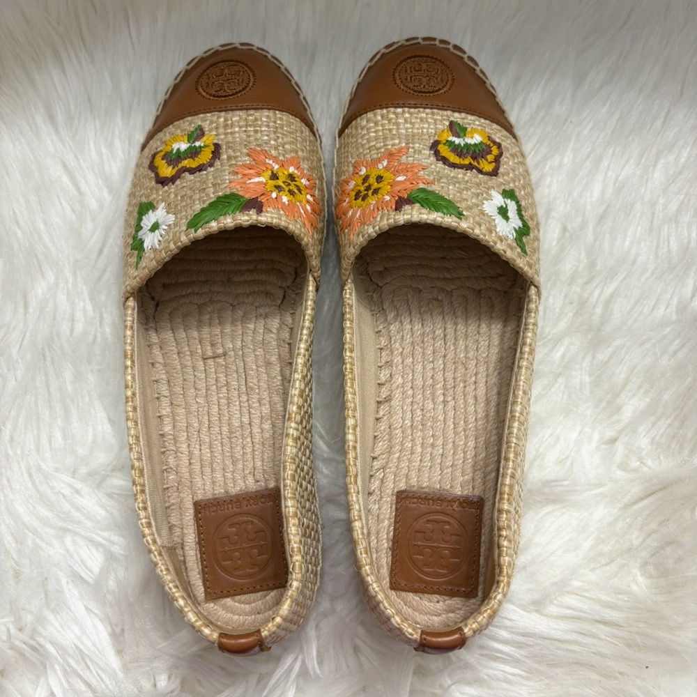 Tory Burch Tan and Brown Espadrilles with Embroidered Details